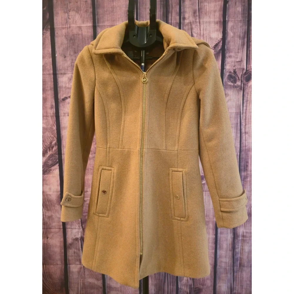 Women's Camel Hooded Wool Blend Walker Coat Michael Kors XS Gold Zip Mid Length
